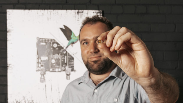 Morse Micro co-founder and chief executive Michael De Nil with one of the HaLow Wi-Fi chips. 
