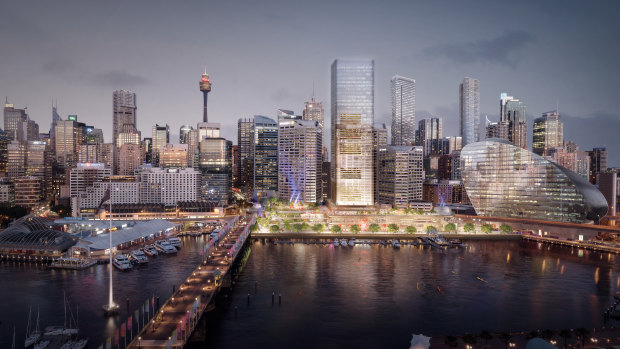 An artist's impression of the Cockle Bay redevelopment, which features a 183 metre office tower, retail precinct and park.