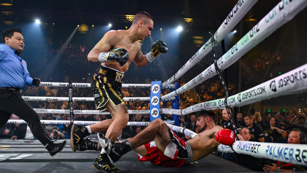 Tim Tszyu takers care of Carlos Ocampo on the Gold Coast in June.