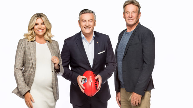 Rebecca Maddern, Eddie McGuire and Sam Newman on the Footy Show in 2018.