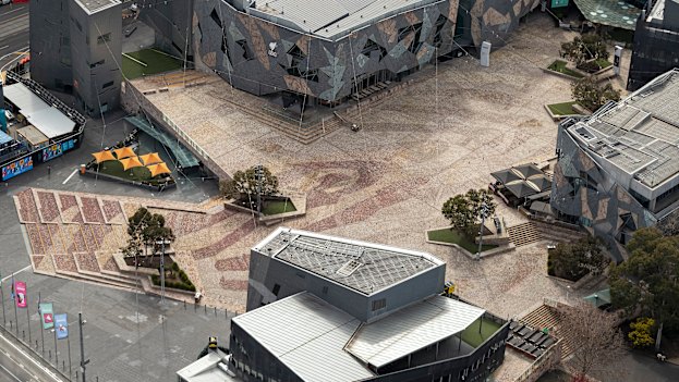 An empty Federation Square in Melbourne on August 26.