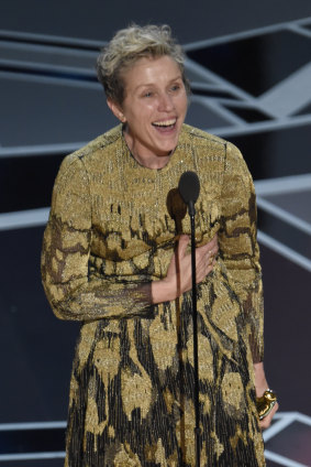 Frances McDormand accepting her Oscar for <i>Three Billboards Outside Ebbing, Missouri<i>. 
