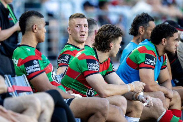 Rabbitohs players show their frustration during the defeat to the Warriors.