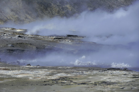 Hot mud, steam and sulphurous gases spit from vents on the tip of the volcano.