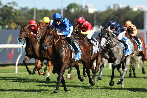 Zac Lloyd takes Broadsiding to victory in the Hobartville Stakes at Rosehill on Saturday.