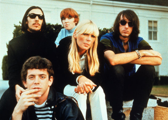 Lou Reed (front)  with fellow Velvet Underground members John Cale,  Maureen Tucker, Sterling Morrison and Nico (centre).