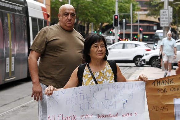 Charlie Teo’s sister Annie (front) and Ray Younan (rear) were among the supporters outside the hearing on Tuesday.