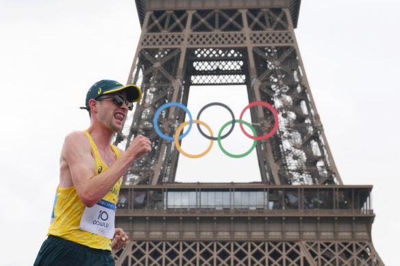 Rhydian Cowley competes during the marathon race walk mixed relay.