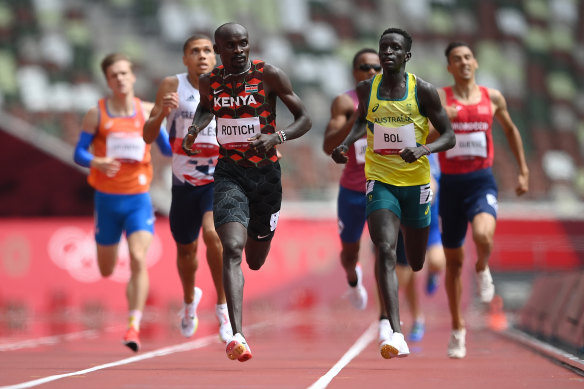 Australia’s Peter Bol (right) broke the national record for the 800m in his heat at the Tokyo Olympics.