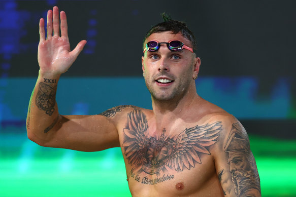 Kyle Chalmers waves to the crowd after his 100m freestyle win on Thursday evening. 