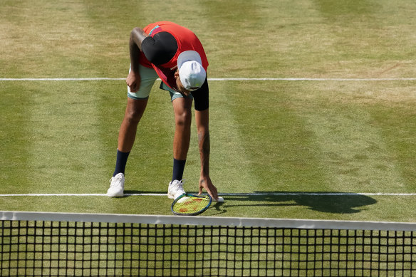 Nick Kyrgios smashes a racquet during the Stuttgart semi-final.