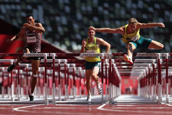 Australians Cedric Dubler (centre) and Ashley Moloney (right) compete in the decathlon 110m hurdles at the Tokyo Olympics.