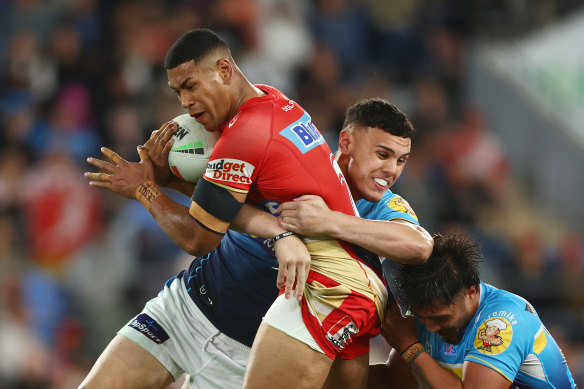 Jamayne Isaako of the Dolphins celebrates a try during the NRL Round 12  match between the Redcliffe Dolphins and the Melbourne Storm at Suncorp  Stadium in Brisbane, Saturday, May 20, 2023. (AAP