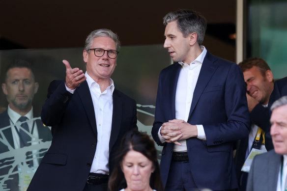 Football fan: Starmer (left) in the stands before the UEFA Nations League match between Ireland and England in Dublin this month.