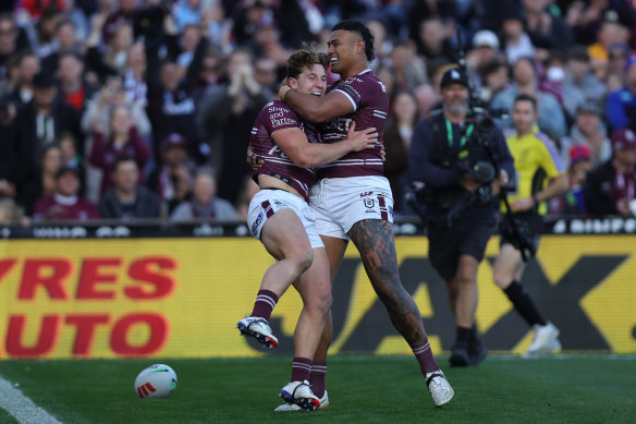 Jamie Humphreys and Haumole Olakau’atu celebrate the former’s try on debut.