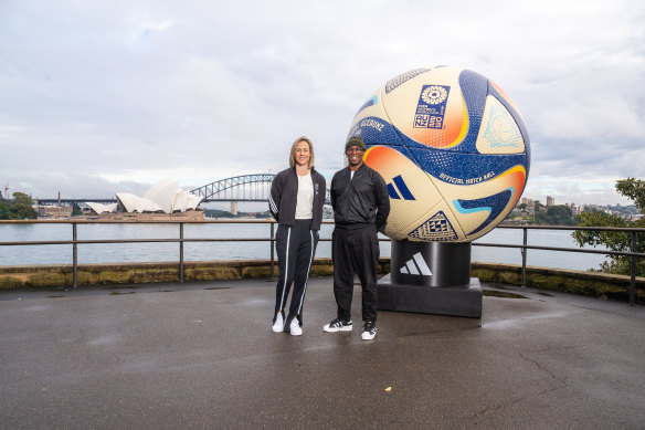Ian Wright and Ellyse Perry launch the adidas OCEAUNZ ball to be used in the World Cup semi-finals and final.