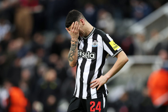 Miguel Almiron cuts a dejected figure after Newcastle’s second-half Champions League collapse.