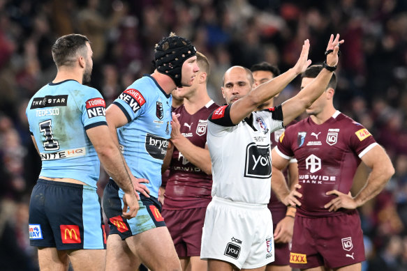 Matt Burton is sent to the bin during the crazy Origin decider at Suncorp Stadium in 2022.