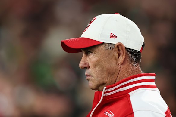 Dragons coach Shane Flanagan during Saturday’s loss to South Sydney, his final game in charge.