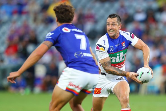 Mitchell Pearce plays his 300th match of senior football when the Knights meet the Wests Tigers on Sunday.