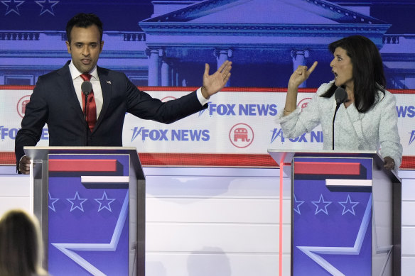 Businessman Vivek Ramaswamy and former UN ambassador Nikki Haley go for it during the first Republican presidential primary debate hosted by Fox News.