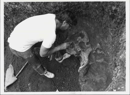 Alex Ritchie at the site of well-preserved skull, at least 15,000 years old, of a diprotodon, the largest marsupial whose remains have been found, near Coonabarabran, 1979.