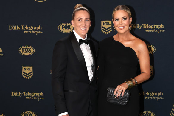 Broncos captain Ali Brigginshaw (left) and her wife Kate Daly arrive at the awards.