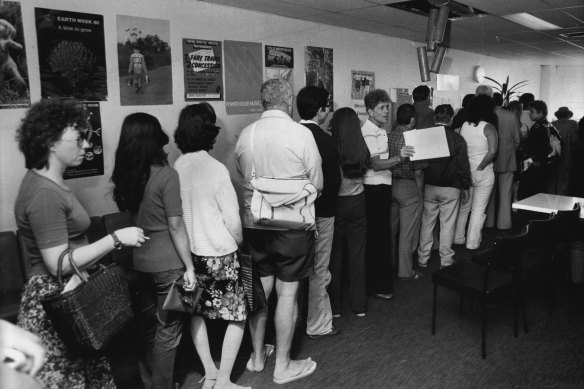 A food kitchen queue in Sydney in 1983, when unemployment doubled, 