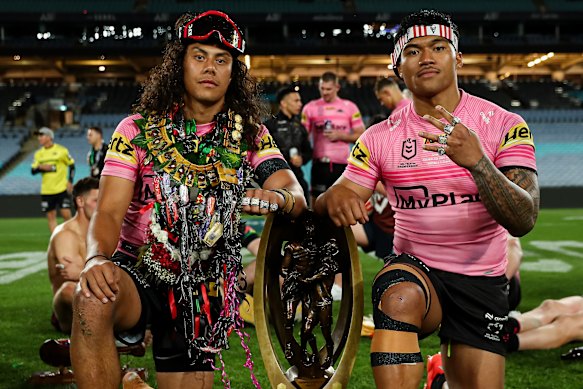 Brian To’o and good friend Jarome Luai after a historic four-peat with Penrith.