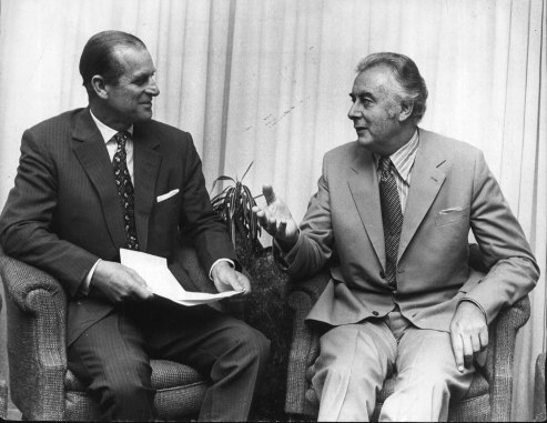 Prince Philip meets with the Prime Minister Gough Whitlam at Parliament House. March 14, 1973. 