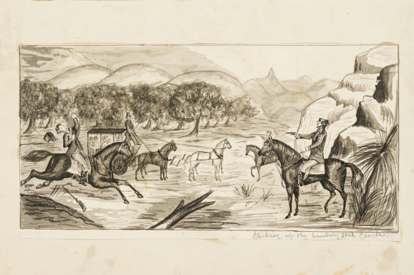 Sticking Up The Lambing Flat Coach: A pen and ink drawing by an unknown inmate from the scrapbook.