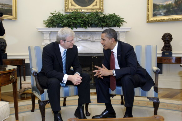 Former prime minister Kevin Rudd with former US president Barack Obama at the White House in 2009. 