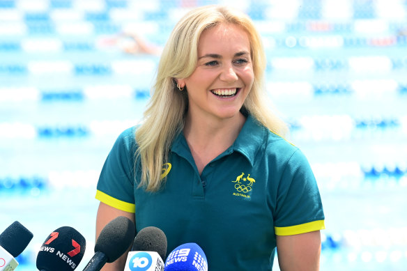 Ariarne Titmus chats to the media at Australia’s team base in Chartres on Wednesday. 