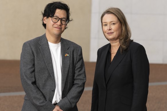 Prime Minister’s Literary Award winners Andre Dao (left) and Amy Crutchfield at Parliament House in Canberra.