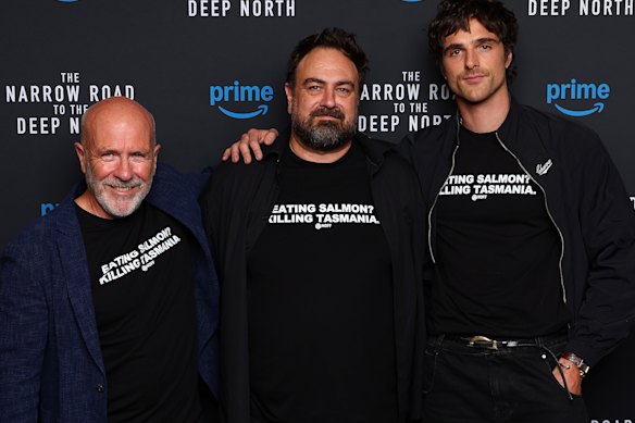 Richard Flanagan (left),  Justin Kurzel and Jacob Elordi at the Melbourne screening of The Narrow Road To The Deep North.