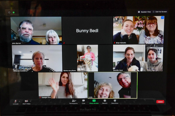 Bindya Bedi (centre) teaches her neighbours how to cook Dal Makhani via Zoom. 