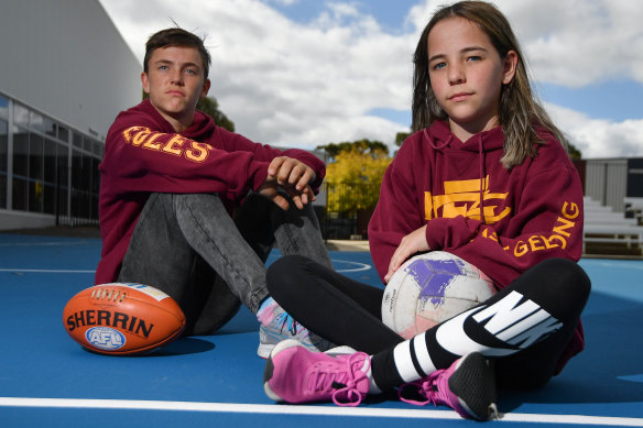 Jesse and Keeley Stapleton were forced to give up  junior footy and netball during lockdown. This year, participation in junior sport is yet to reach previous levels.