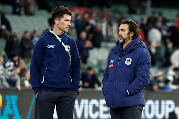 Geelong list manager Andrew Mackie and coach Chris Scott.