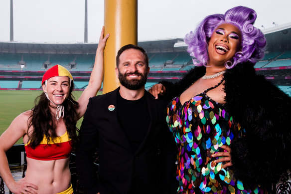 Albert Kruger, centre, at the Sydney Cricket Ground for the Mardi Gras parade in 2021.