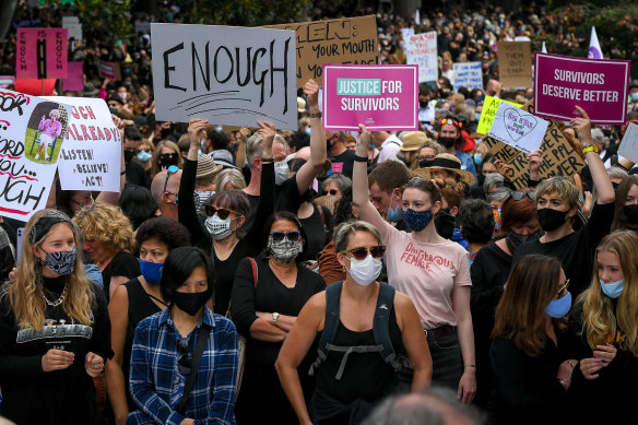 No place for old men: An estimated 5000 women gather for the March 4 Justice demonstration in Melbourne’s Treasury Gardens.