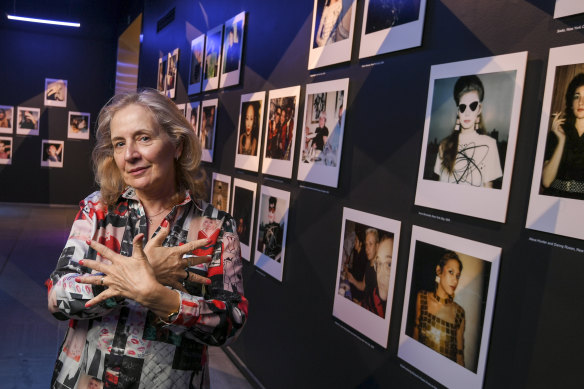 Photographer, stylist and fashion designer Maripol with reproductions of her 'Maripolaroids' at the Keith Haring & Jean-Michel Basquait exhibition at NGV International.