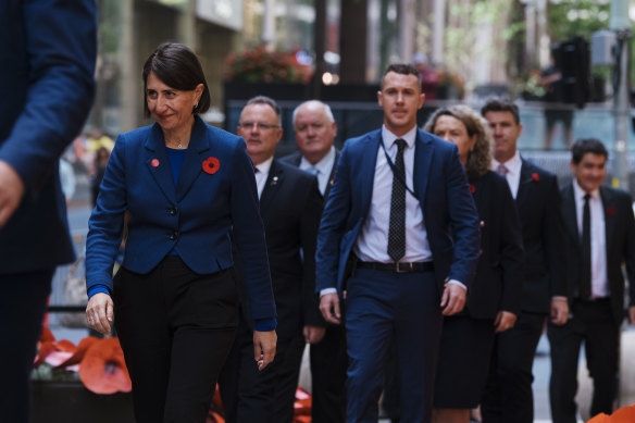 Premier Gladys Berejiklian at the 2020 Remembrance Day memorial at Martin Place Cenotaph on Wednesday.