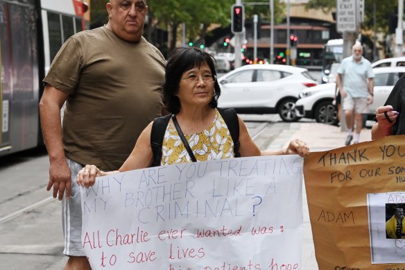 Charlie Teo’s sister Annie (front) and Ray Younan (rear) were among the supporters outside the hearing.