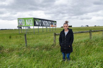Kat Mann in front of a large piece of Cranbourne West farmland at the centre of an IBAC corruption probe.