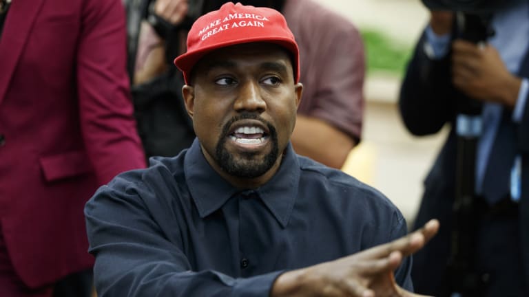 Rapper Kanye West speaks during a meeting in the Oval Office of the White House with President Donald Trump.