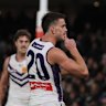 Patrick Voss of the Dockers celebrates a goal.