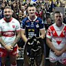 Captains of the four NRL teams and two Super League sides in Las Vegas pose before the crowd at the nightclub launch.