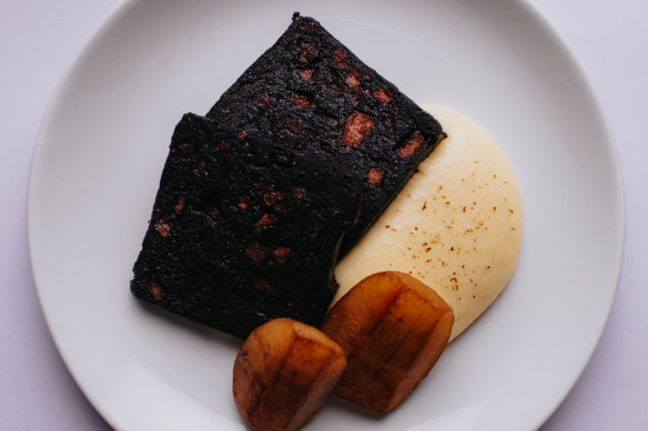 Boudin noir terrine with potato and apple.