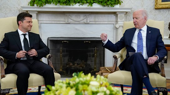 US President Joe Biden meets with Ukrainian President Volodymyr Zelensky in the Oval Office of the White House in September 2021.