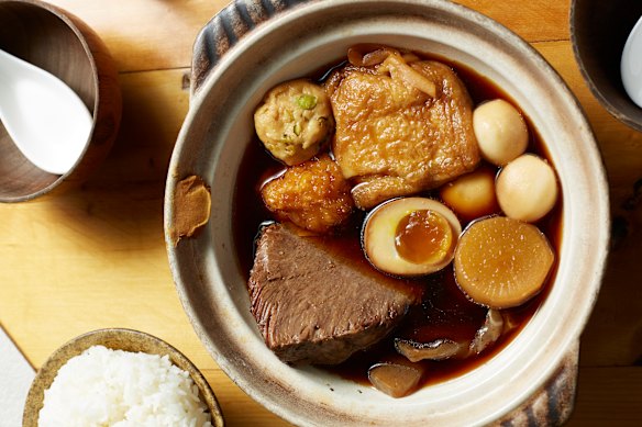 An example of oden, a hearty Japanese one-pot meal of fish cakes, daikon, eggs and more, simmered in broth.